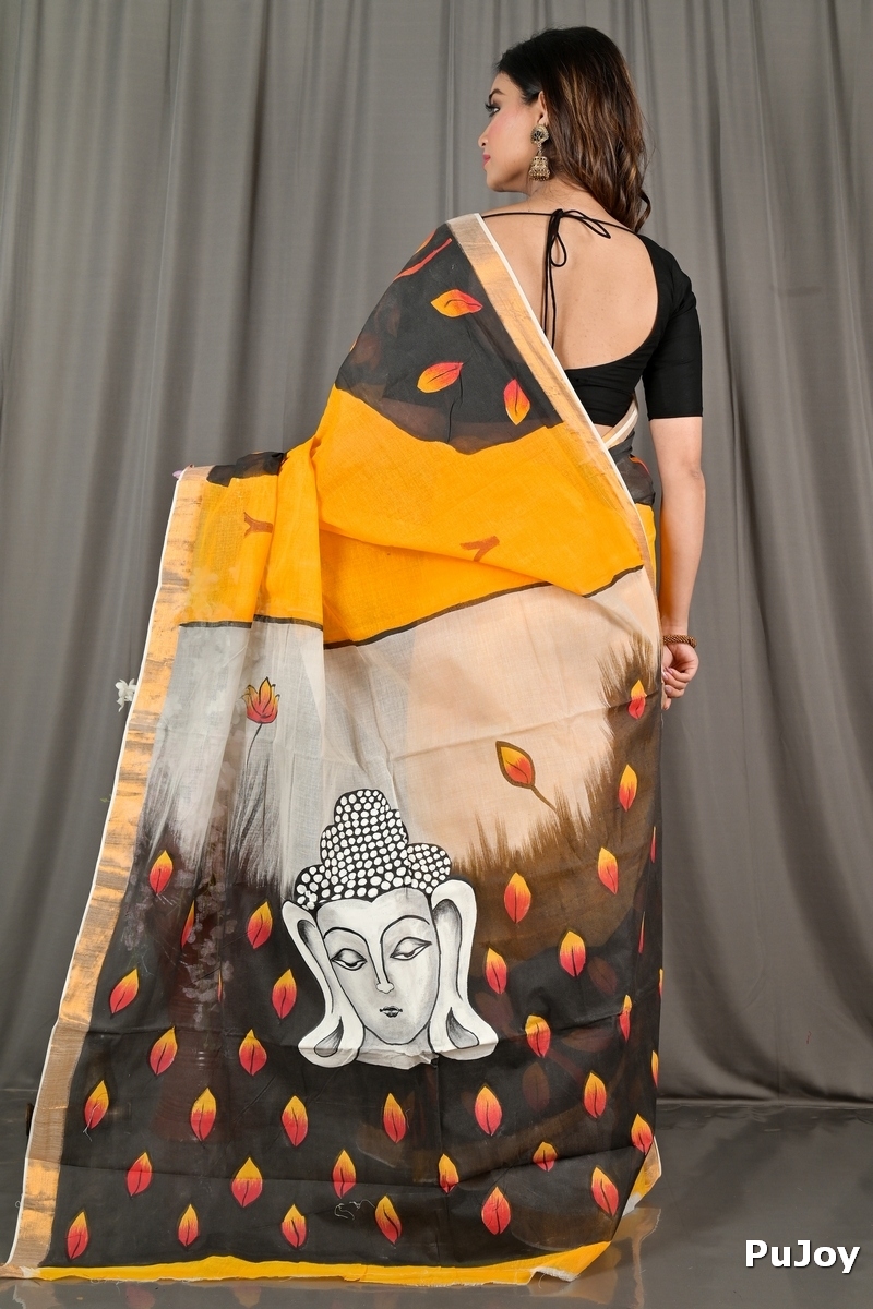 Black Orange Pure Cotton Hataka Hand Painted Saree (9067)