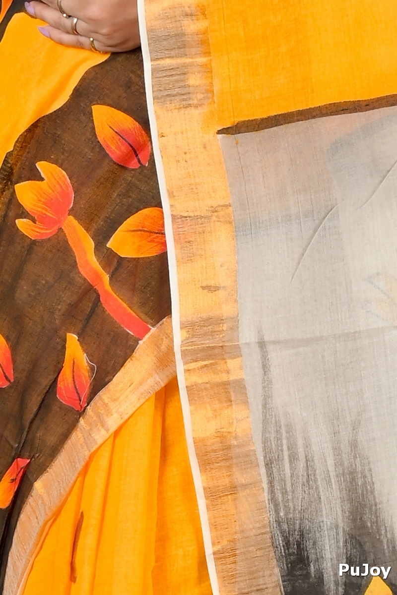 Black Orange Pure Cotton Hataka Hand Painted Saree (9067)
