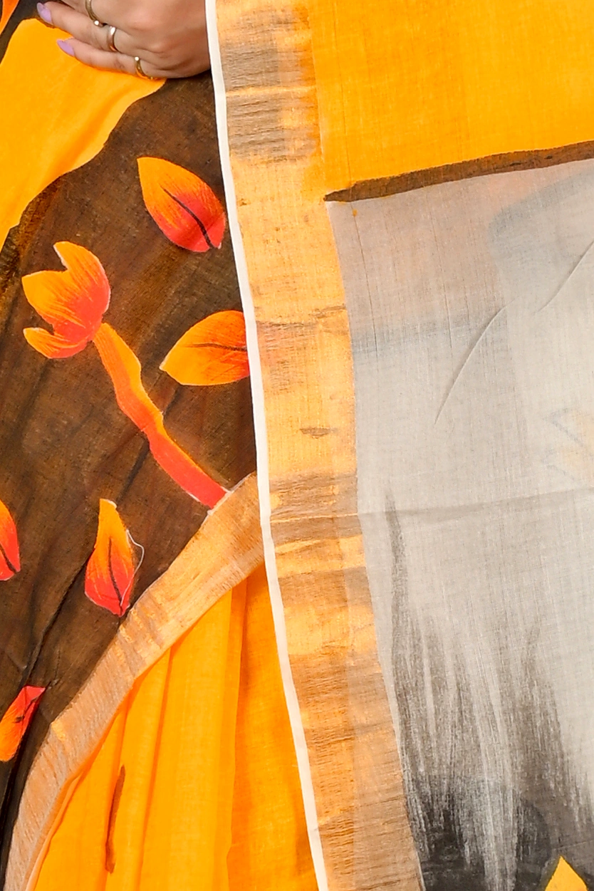 Black Orange Pure Cotton Hataka Hand Painted Saree (9067)
