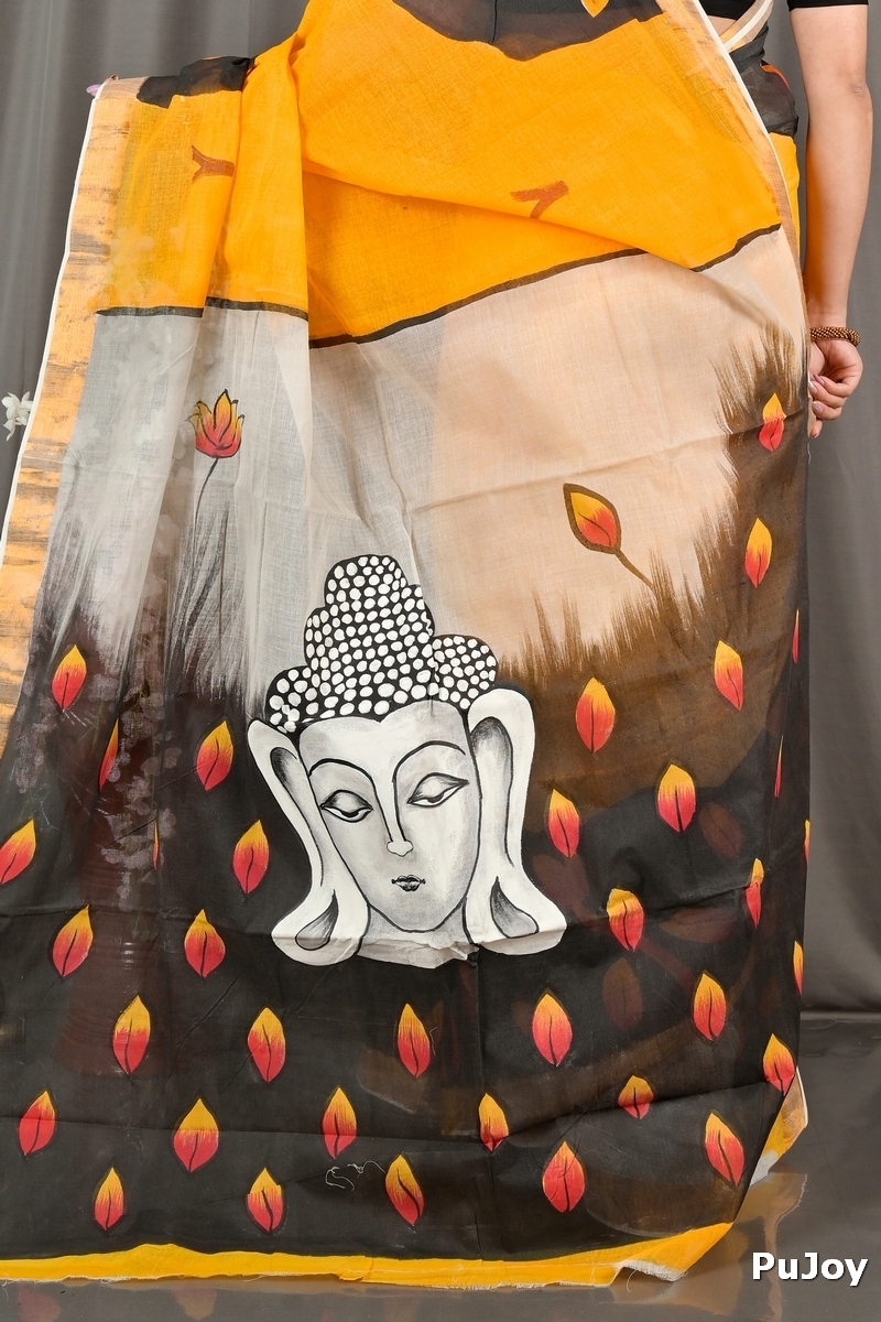 Black Orange Pure Cotton Hataka Hand Painted Saree (9067)