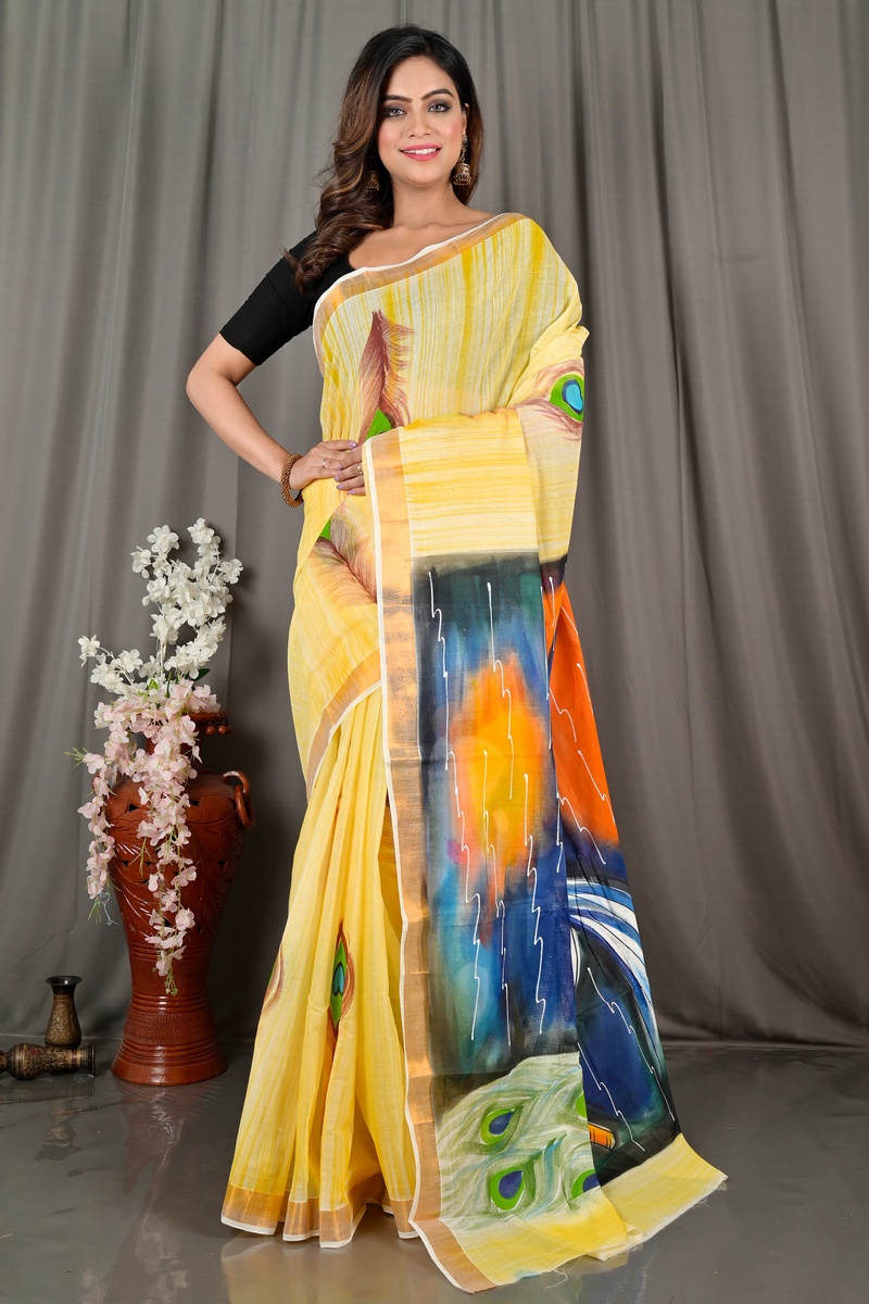 Multi-Coloured Pure Cotton Hataka Hand Painted Saree (9068)