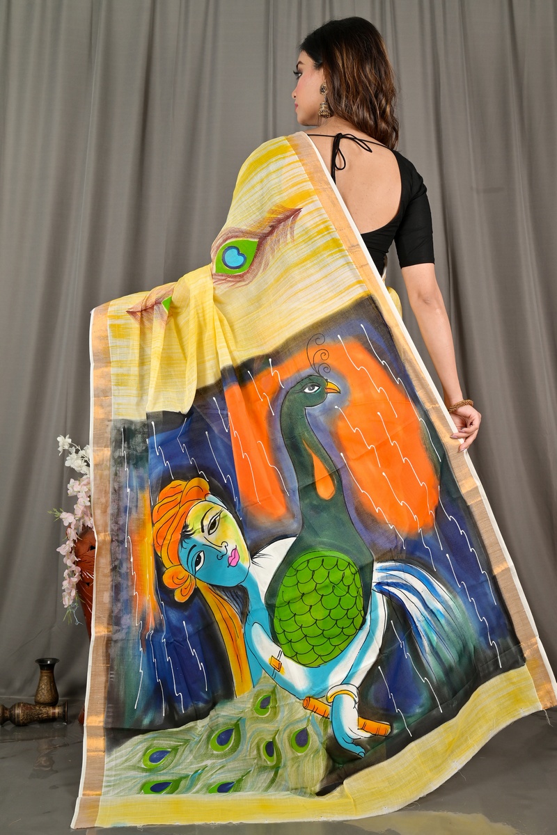 Multi-Coloured Pure Cotton Hataka Hand Painted Saree (9068)