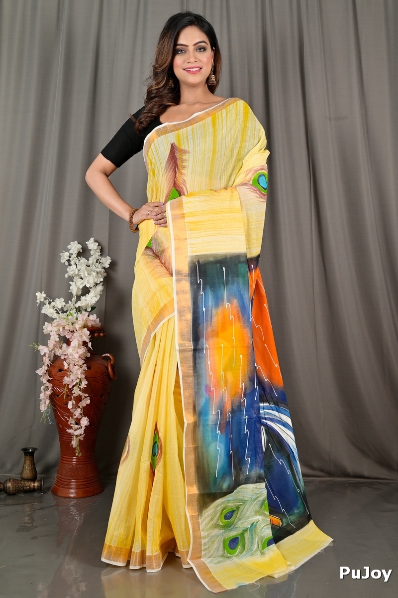Multi-Coloured Pure Cotton Hataka Hand Painted Saree (9068)