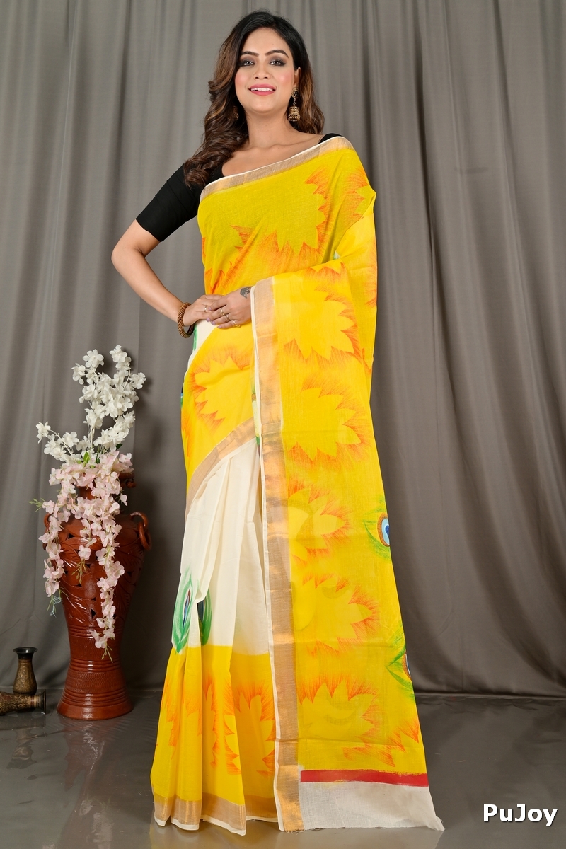 Yellow White Pure Cotton Hataka Hand Painted Saree (9069)