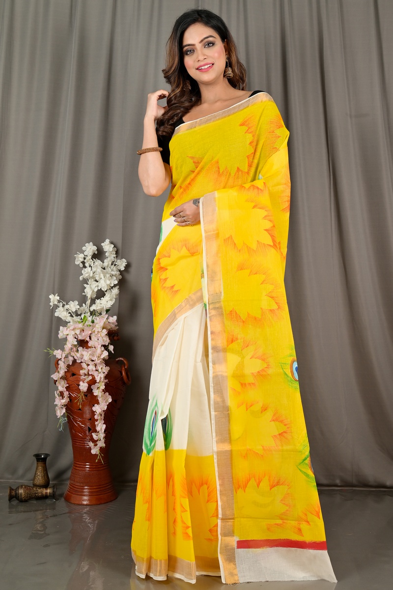 Yellow White Pure Cotton Hataka Hand Painted Saree (9069)