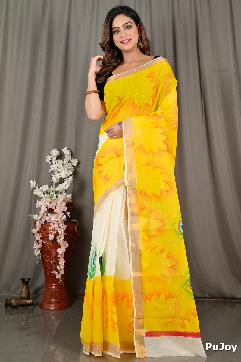 Yellow White Pure Cotton Hataka Hand Painted Saree (9069)