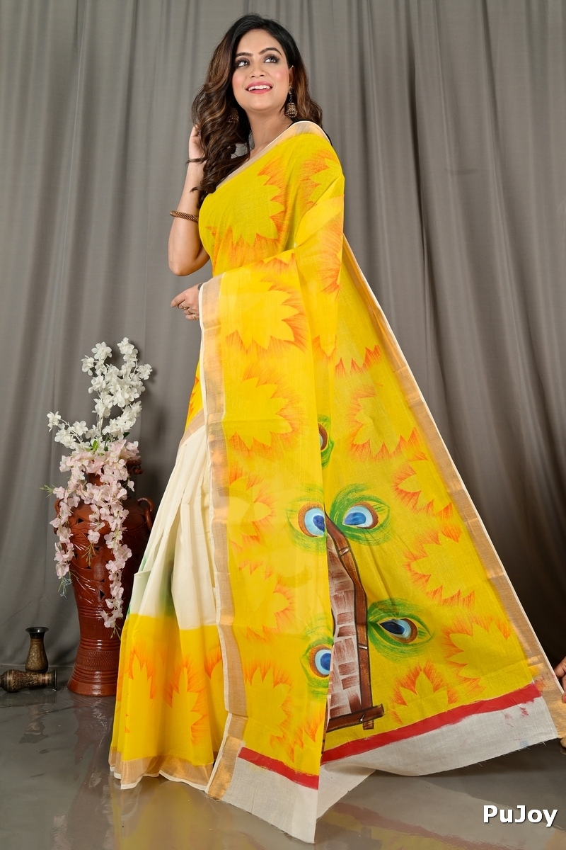 Yellow White Pure Cotton Hataka Hand Painted Saree (9069)
