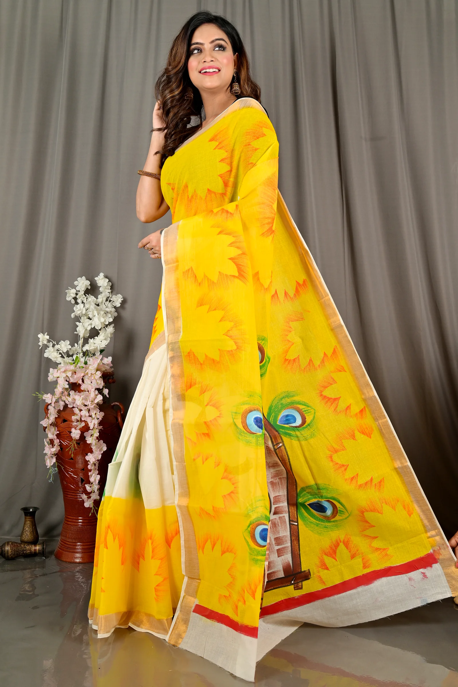 Yellow White Pure Cotton Hataka Hand Painted Saree (9069)