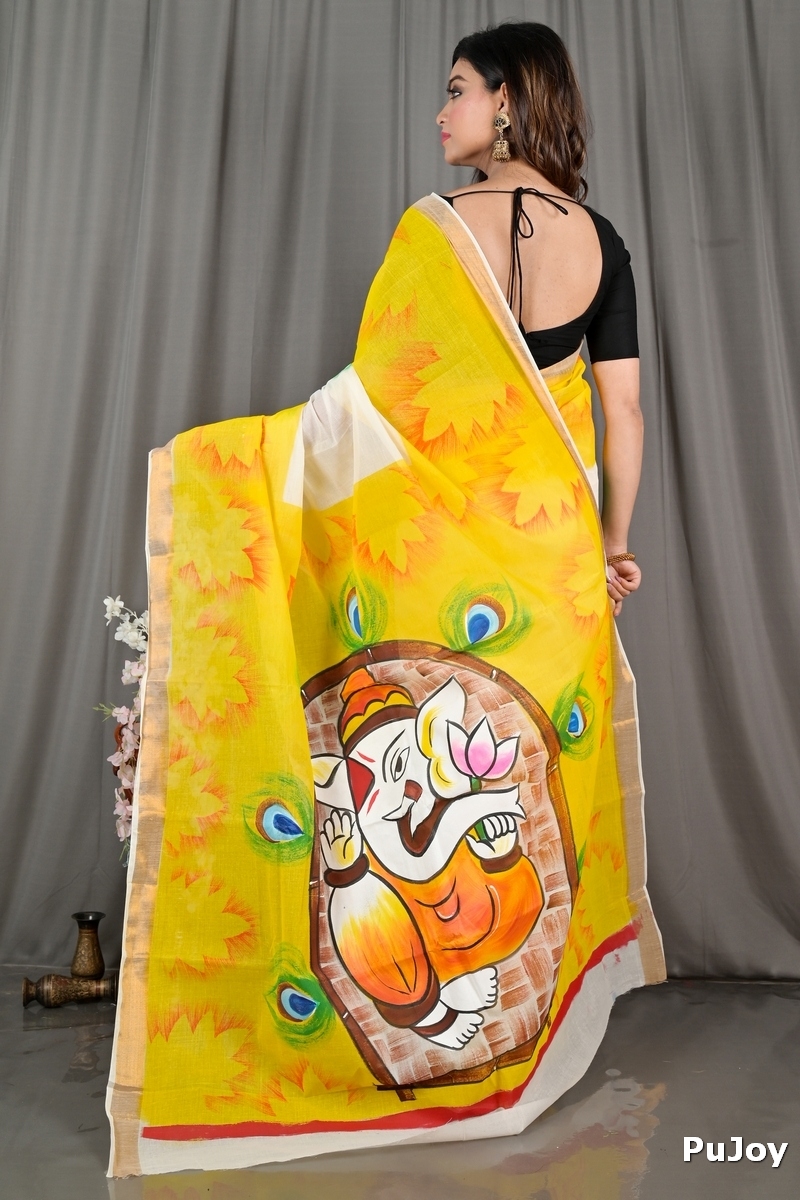 Yellow White Pure Cotton Hataka Hand Painted Saree (9069)