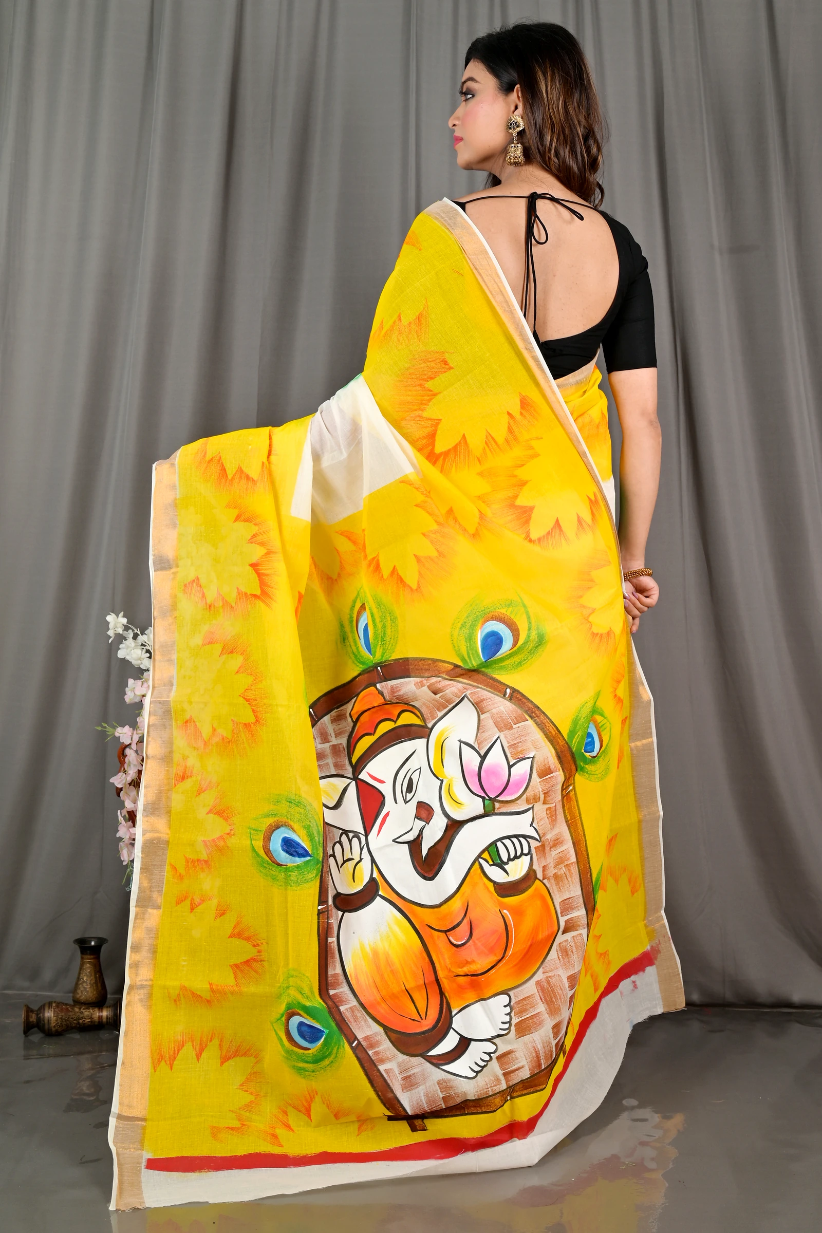 Yellow White Pure Cotton Hataka Hand Painted Saree (9069)