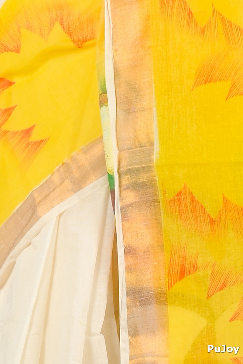 Yellow White Pure Cotton Hataka Hand Painted Saree (9069)