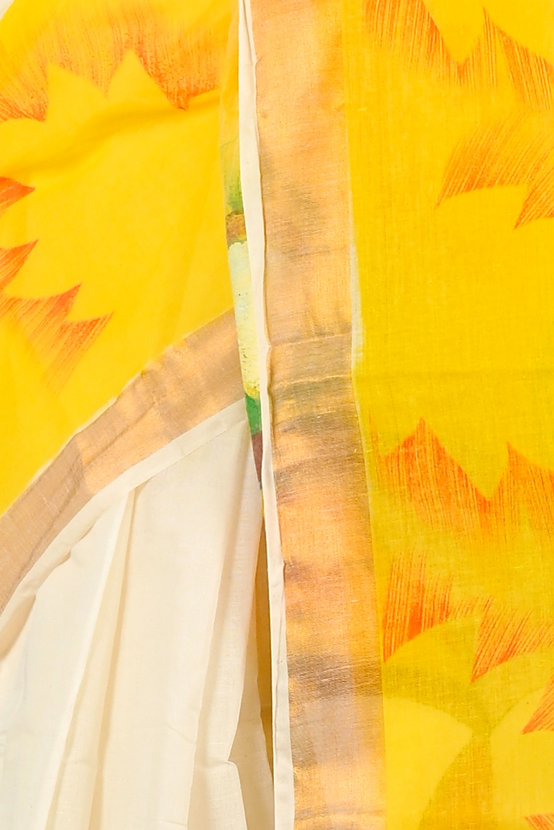 Yellow White Pure Cotton Hataka Hand Painted Saree (9069)