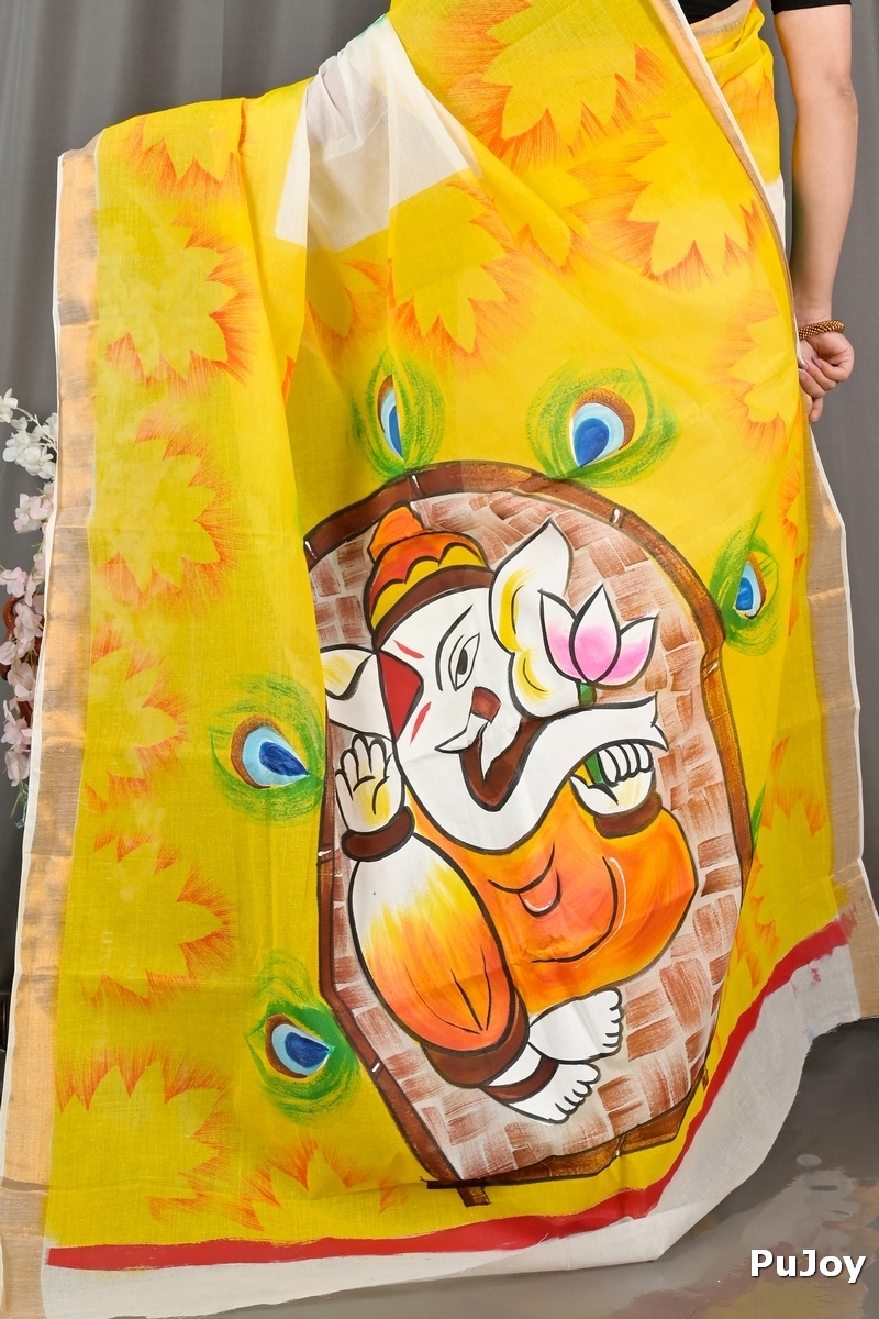 Yellow White Pure Cotton Hataka Hand Painted Saree (9069)