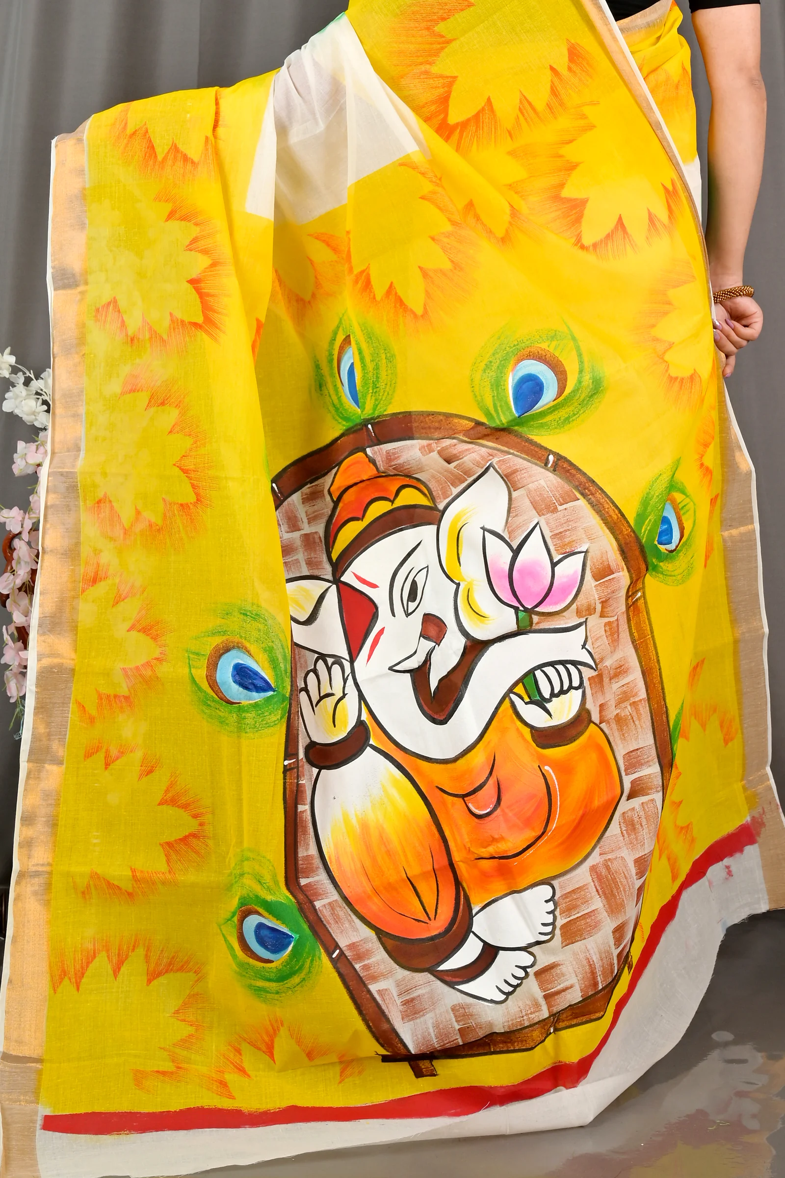Yellow White Pure Cotton Hataka Hand Painted Saree (9069)