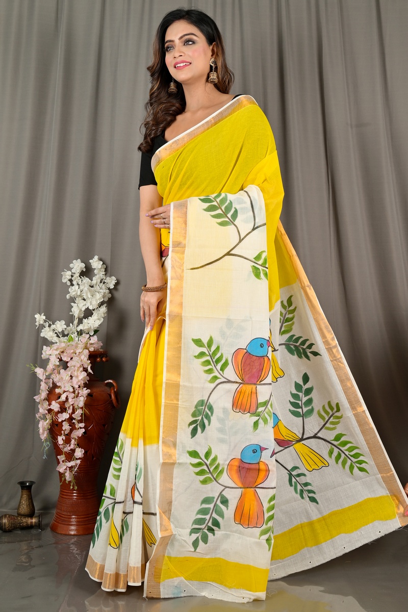 Multi-Coloured Pure Cotton Hataka Hand Painted Saree (9070)