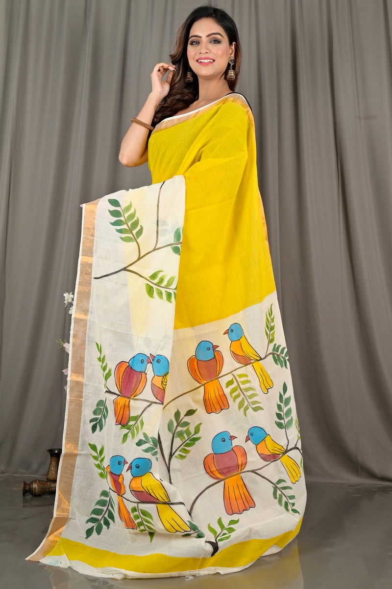 Multi-Coloured Pure Cotton Hataka Hand Painted Saree (9070)