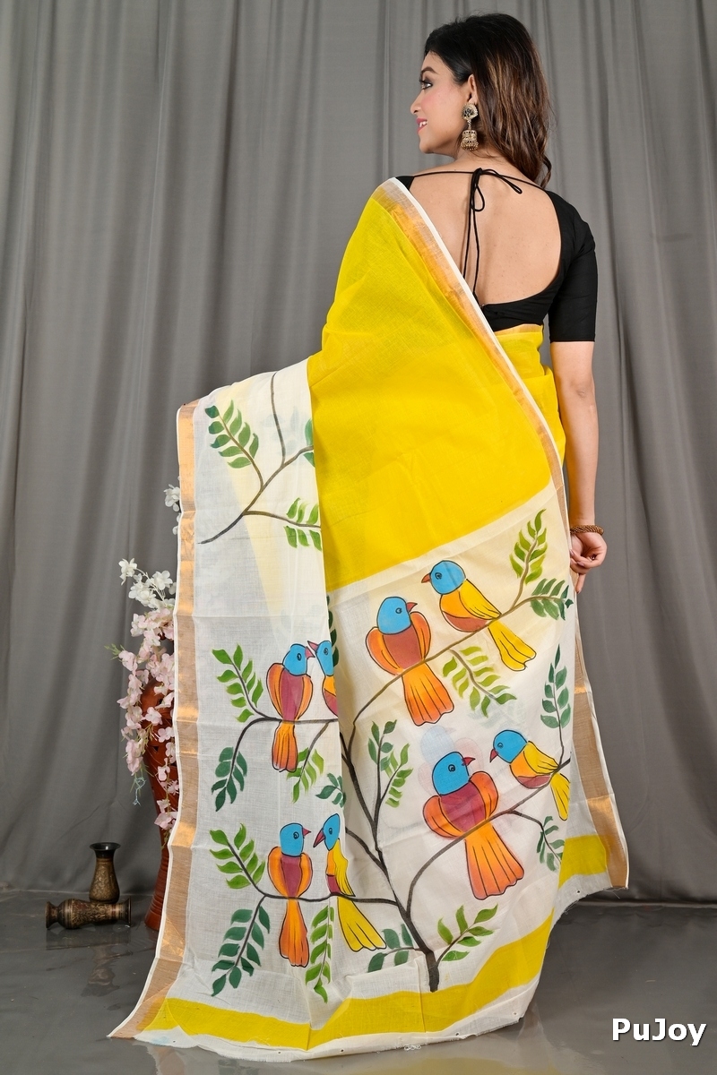 Multi-Coloured Pure Cotton Hataka Hand Painted Saree (9070)