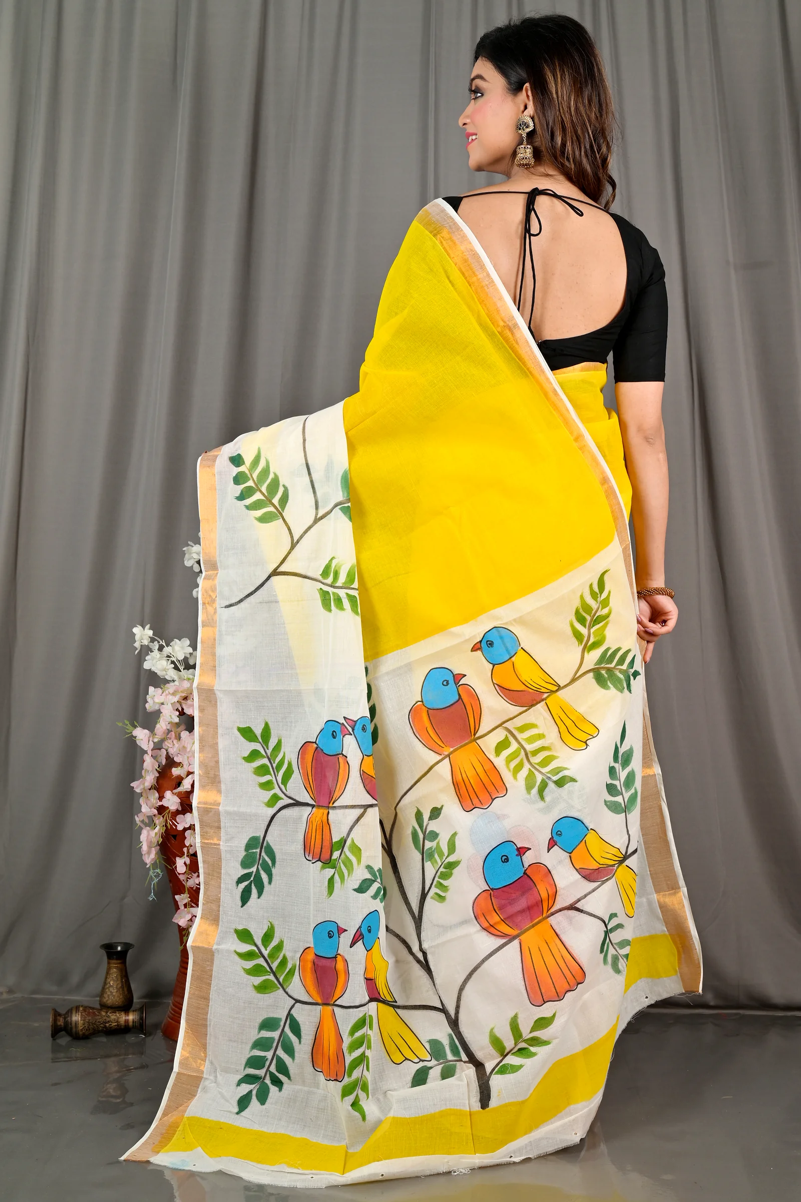 Multi-Coloured Pure Cotton Hataka Hand Painted Saree (9070)