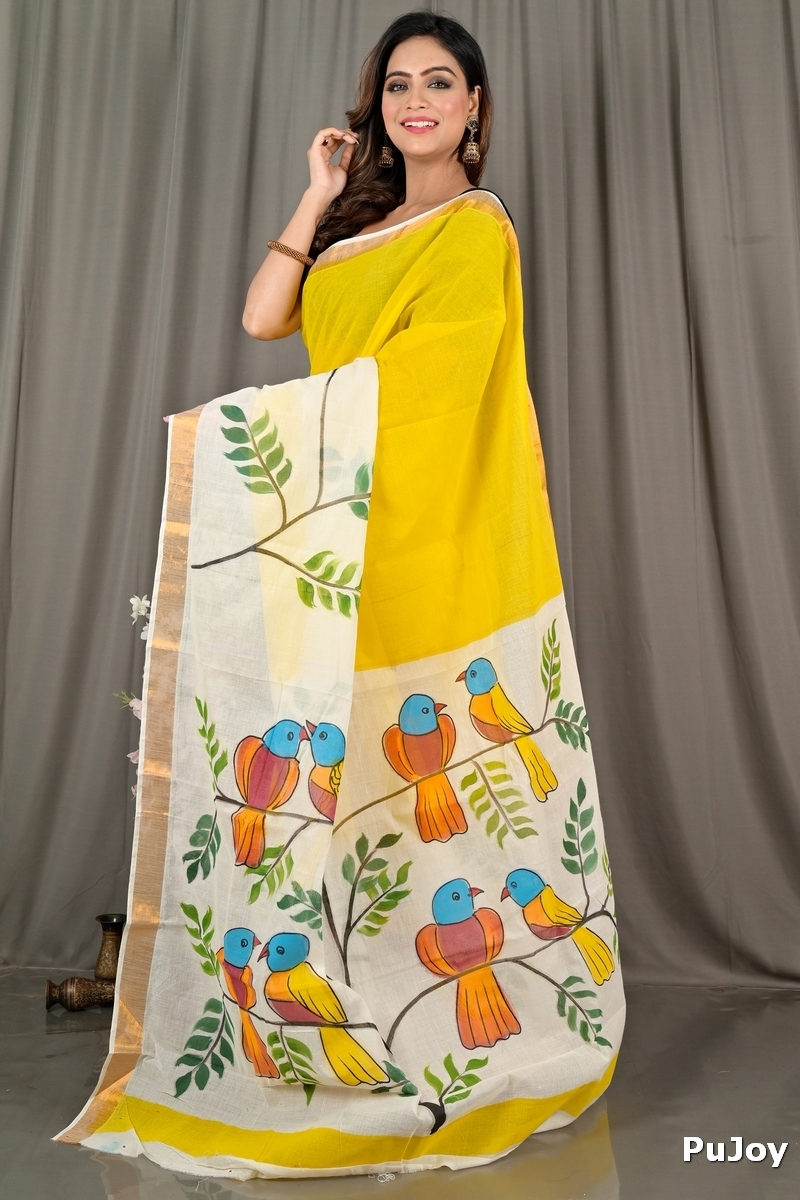 Multi-Coloured Pure Cotton Hataka Hand Painted Saree (9070)