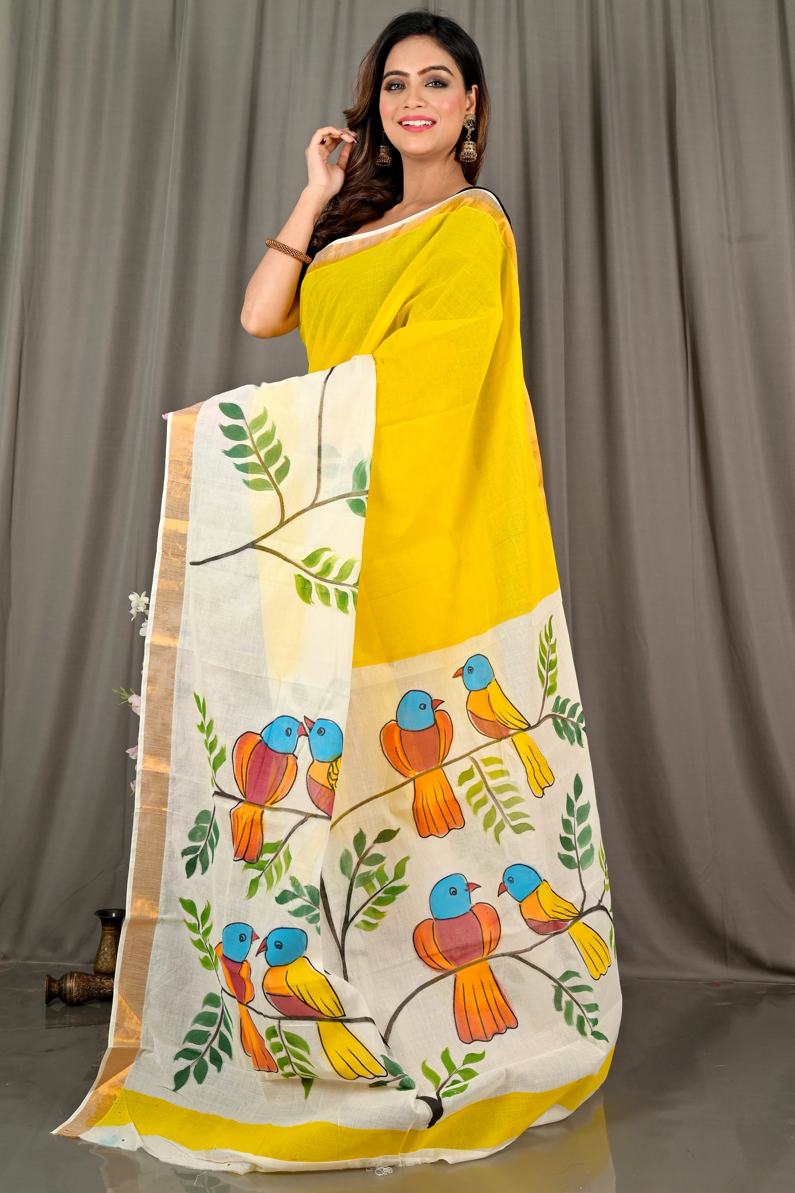 Multi-Coloured Pure Cotton Hataka Hand Painted Saree (9070)