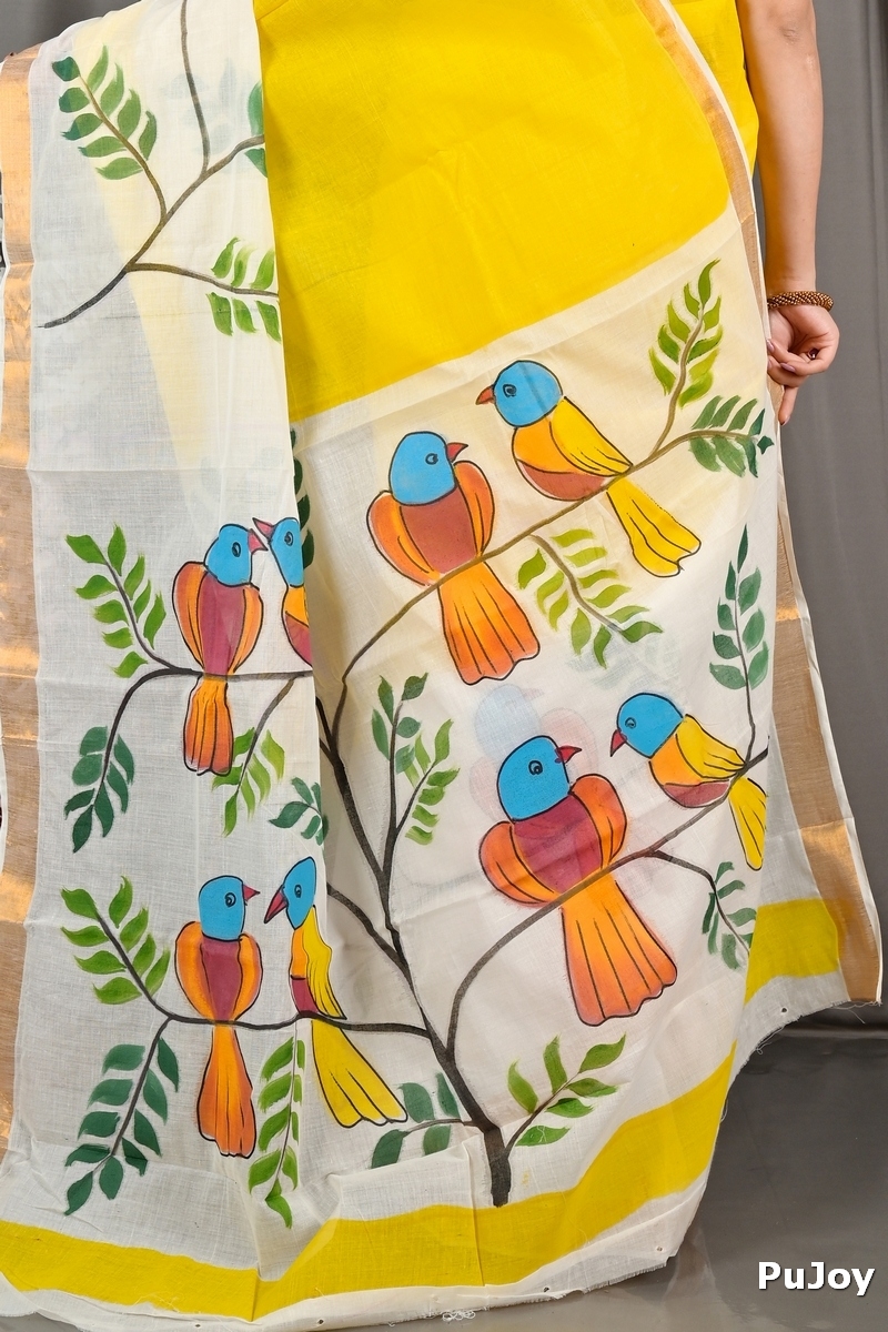 Multi-Coloured Pure Cotton Hataka Hand Painted Saree (9070)