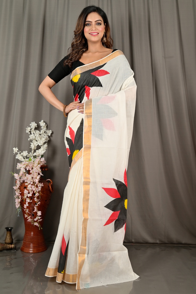 White Black Pure Cotton Hataka Hand Painted Saree (9071)