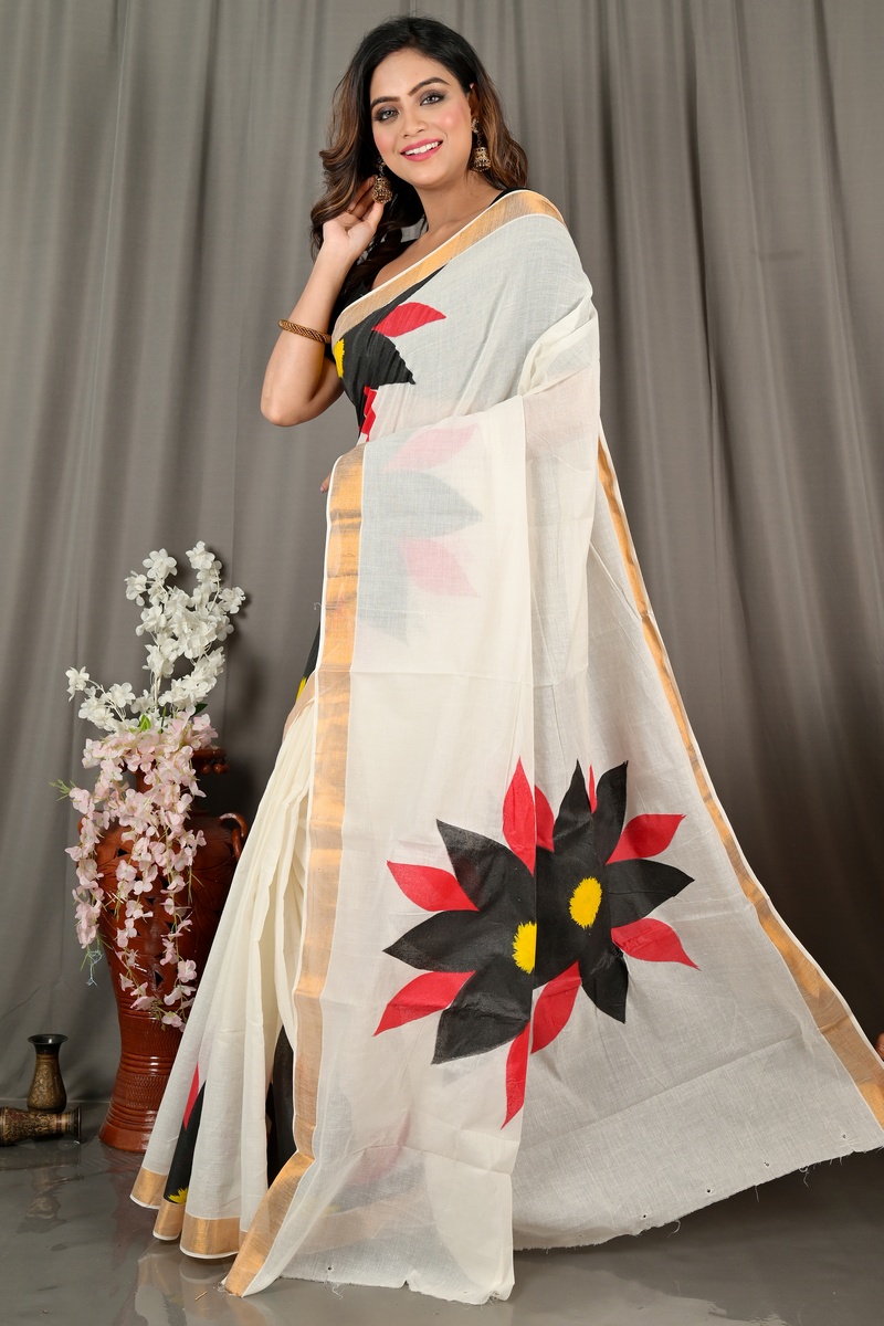 White Black Pure Cotton Hataka Hand Painted Saree (9071)