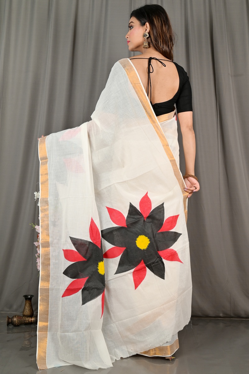 White Black Pure Cotton Hataka Hand Painted Saree (9071)