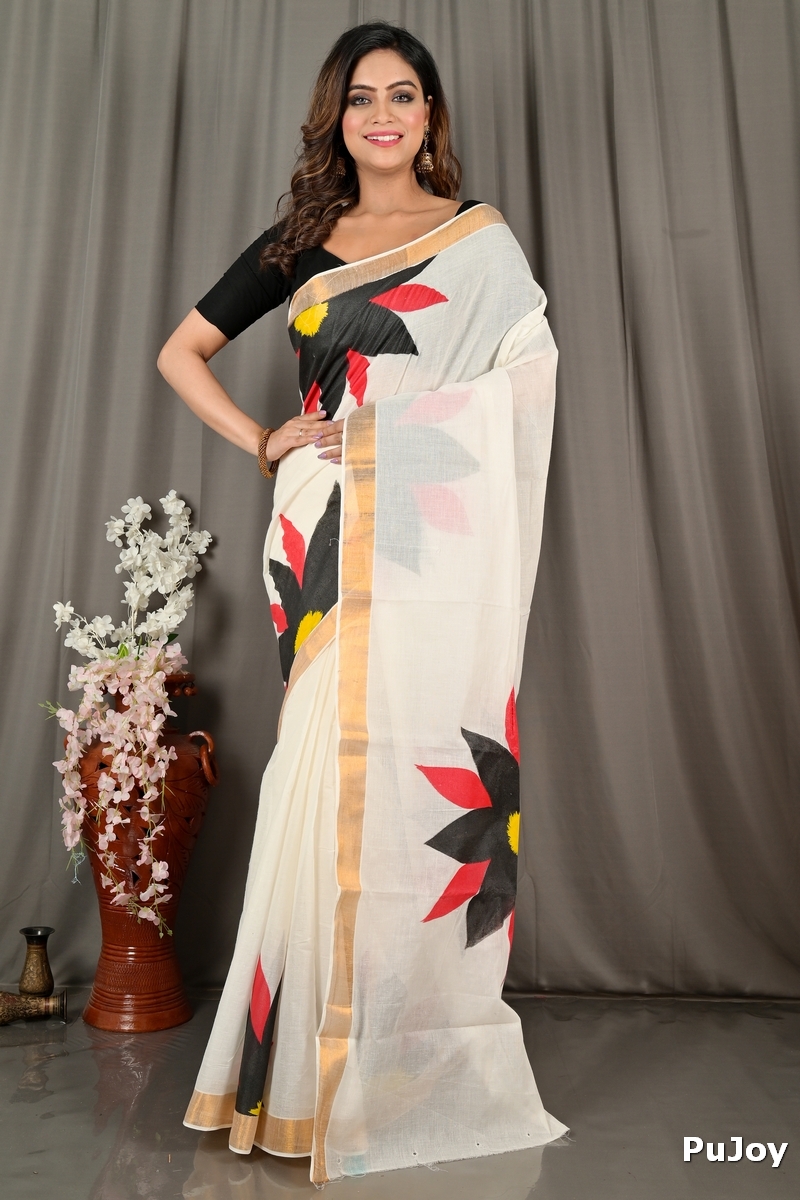 White Black Pure Cotton Hataka Hand Painted Saree (9071)