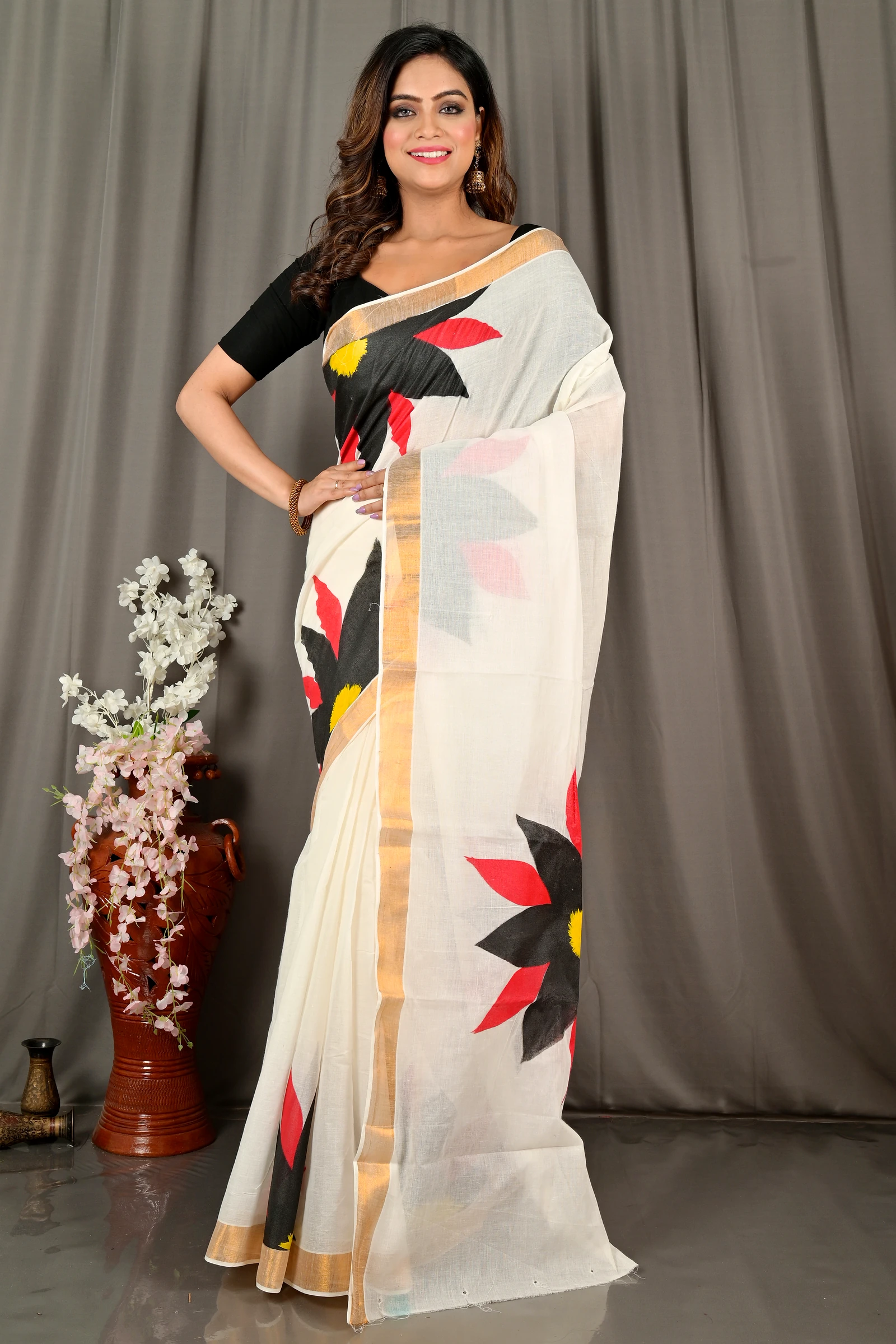White Black Pure Cotton Hataka Hand Painted Saree (9071)