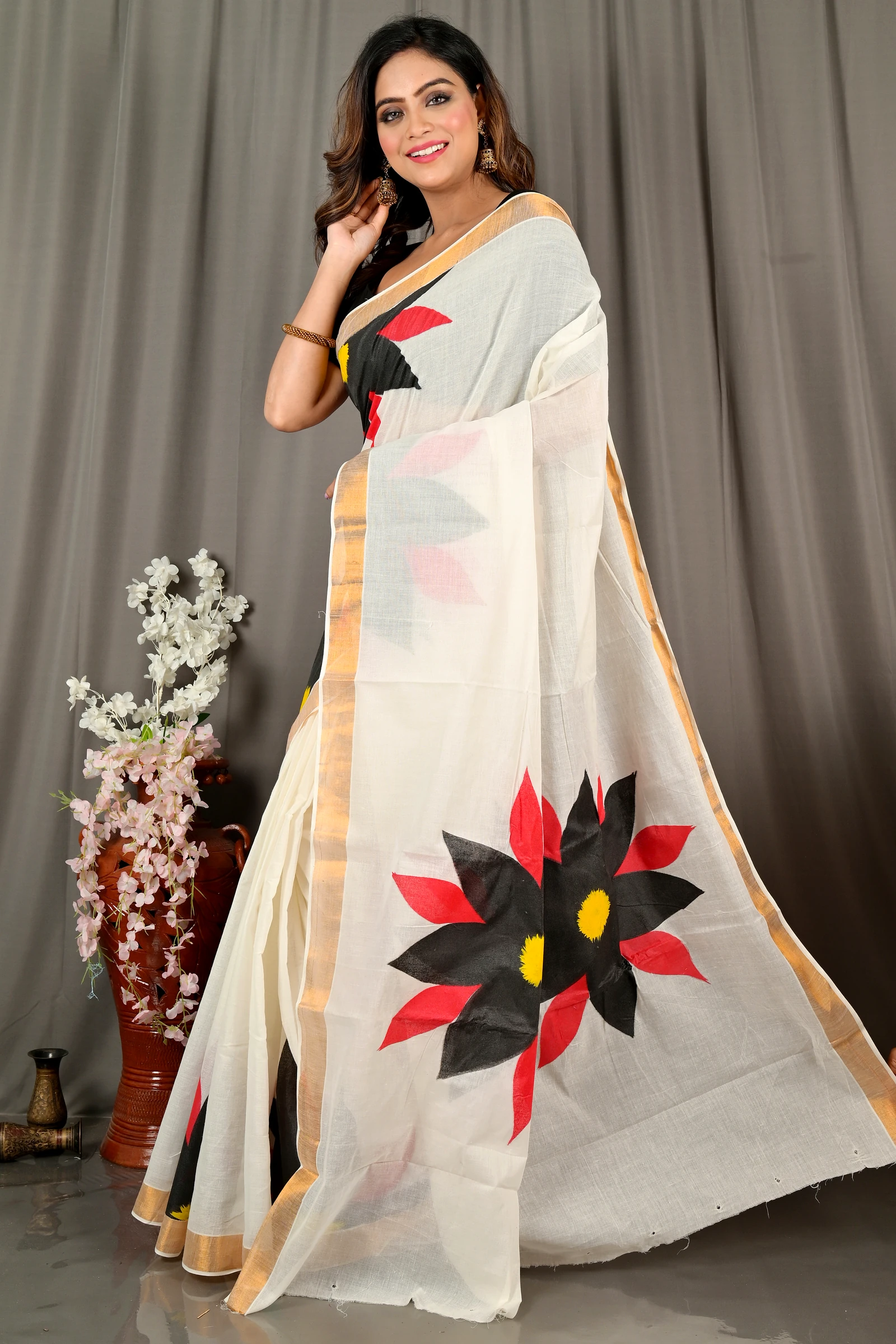 White Black Pure Cotton Hataka Hand Painted Saree (9071)