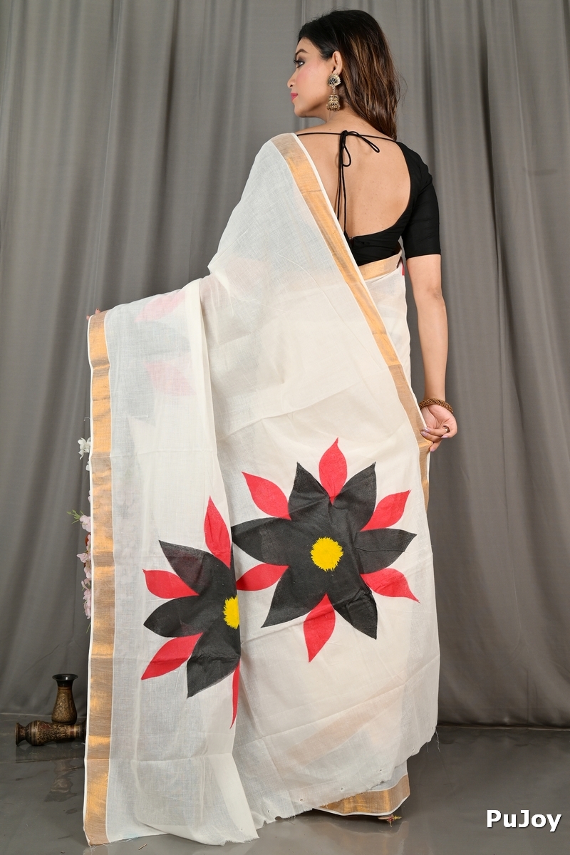 White Black Pure Cotton Hataka Hand Painted Saree (9071)