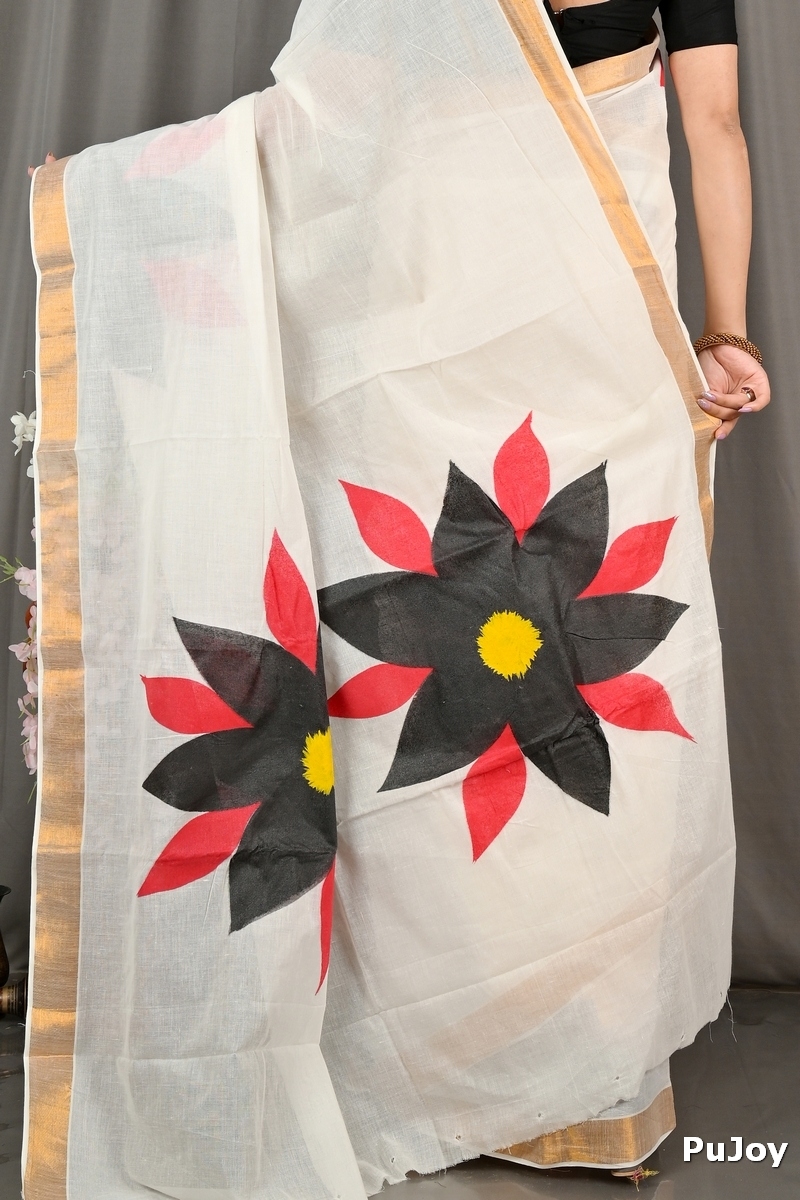 White Black Pure Cotton Hataka Hand Painted Saree (9071)