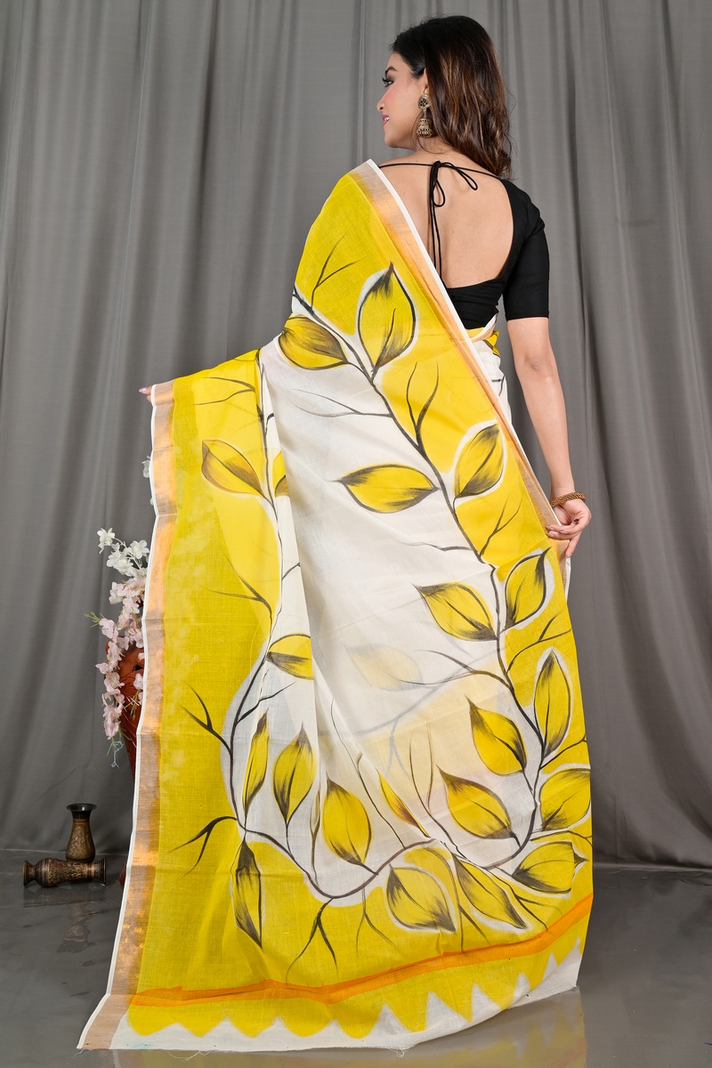 Yellow White Pure Cotton Hataka Hand Painted Saree (9072)