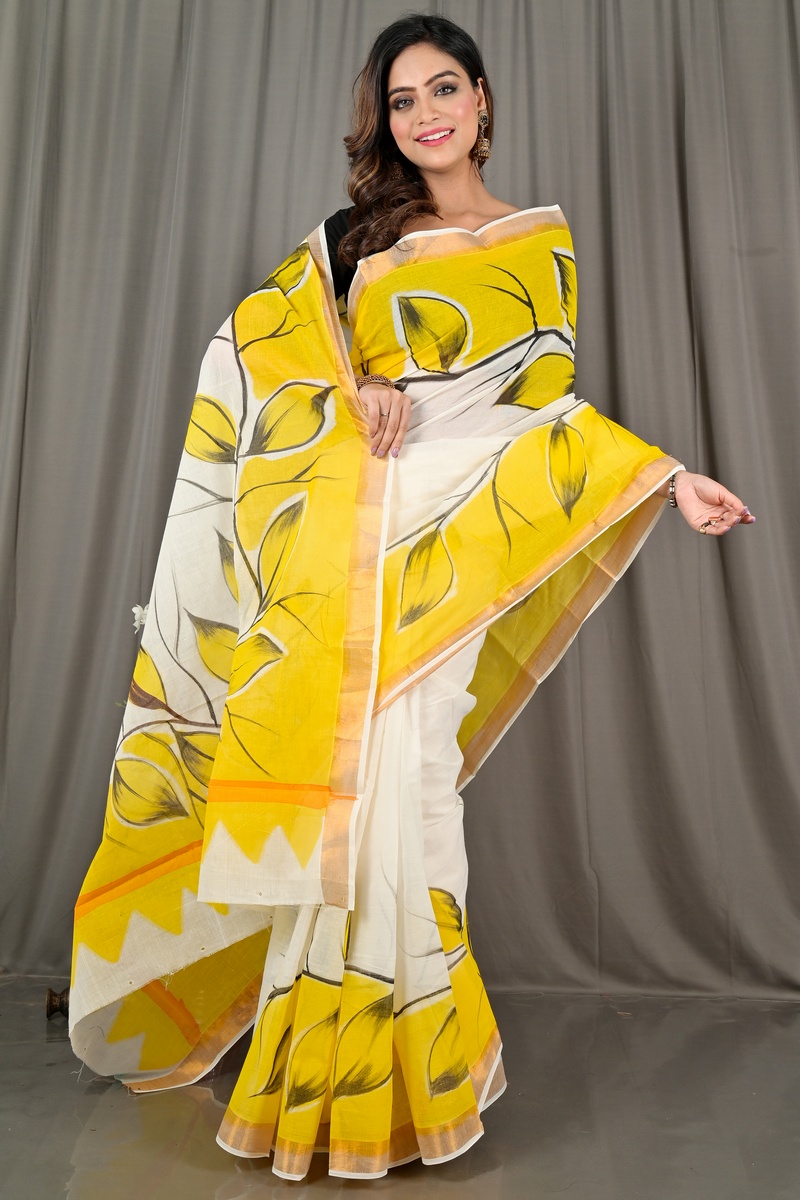 Yellow White Pure Cotton Hataka Hand Painted Saree (9072)