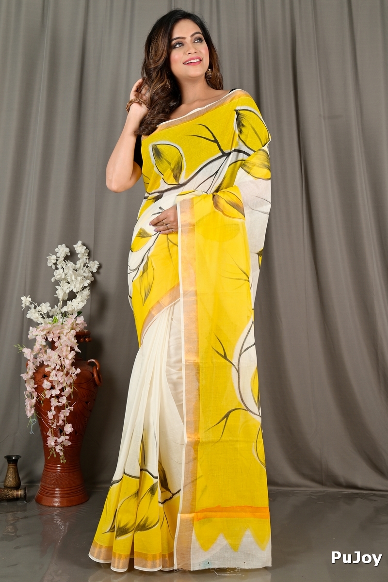 Yellow White Pure Cotton Hataka Hand Painted Saree (9072)