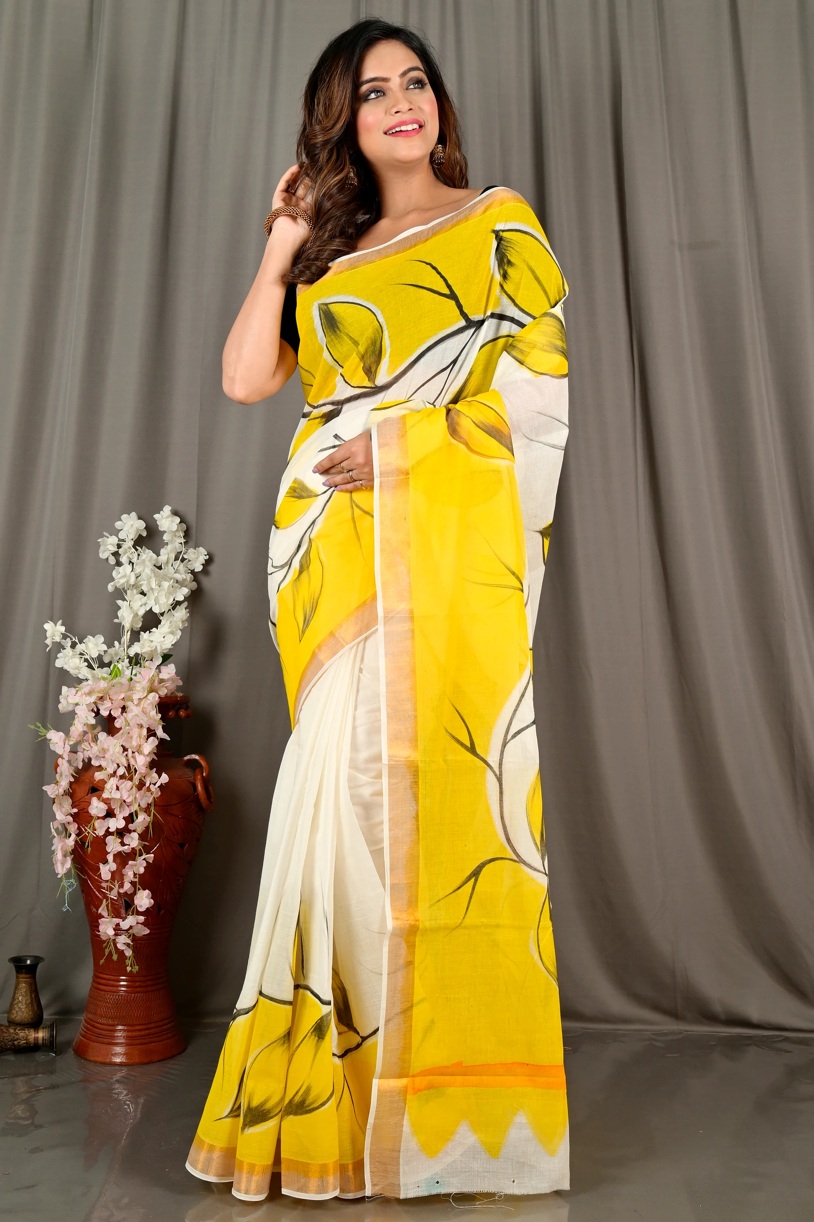 Yellow White Pure Cotton Hataka Hand Painted Saree (9072)