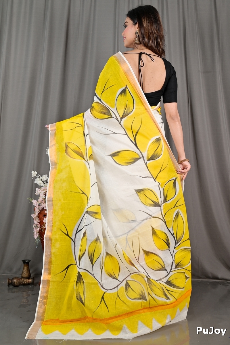 Yellow White Pure Cotton Hataka Hand Painted Saree (9072)