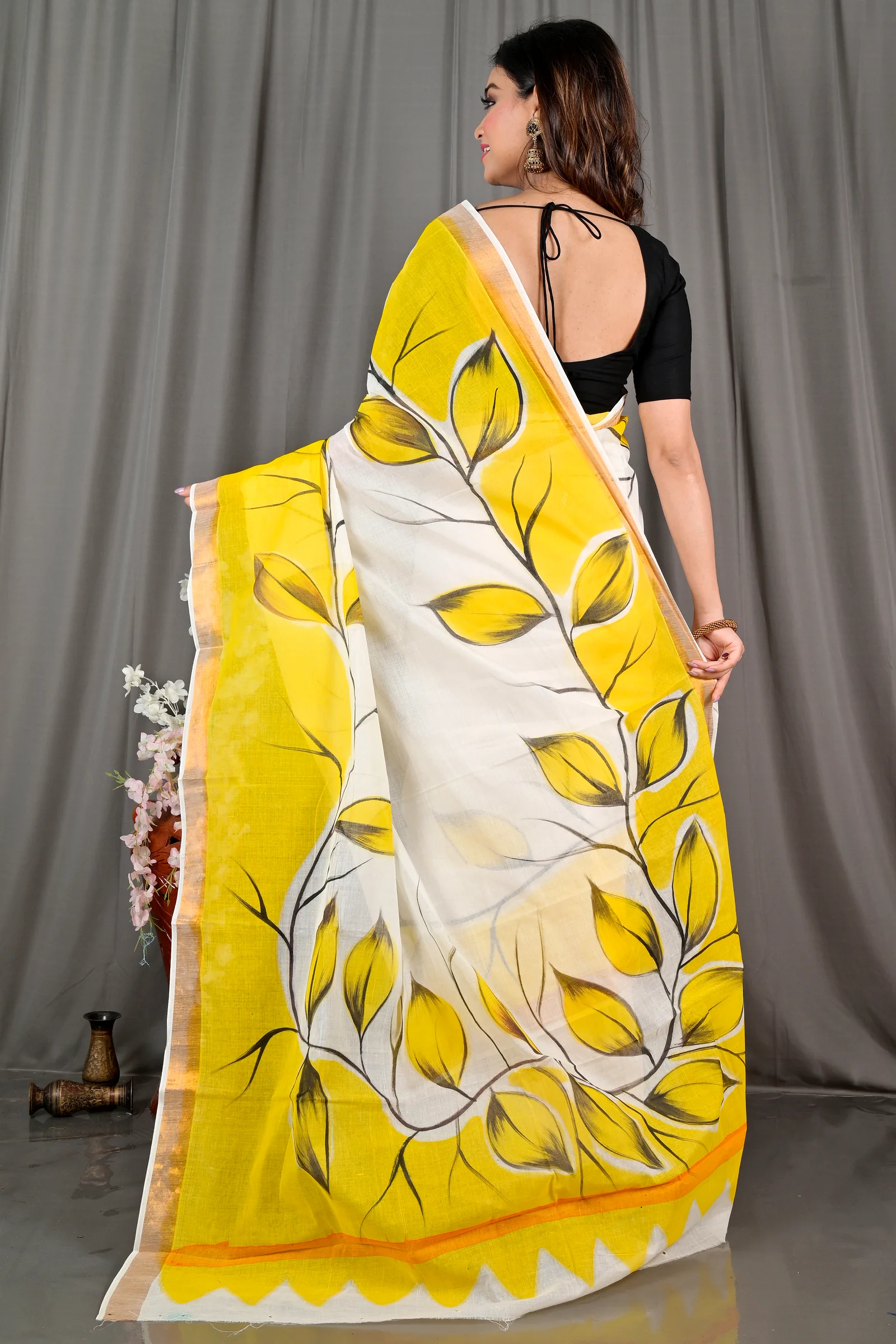 Yellow White Pure Cotton Hataka Hand Painted Saree (9072)