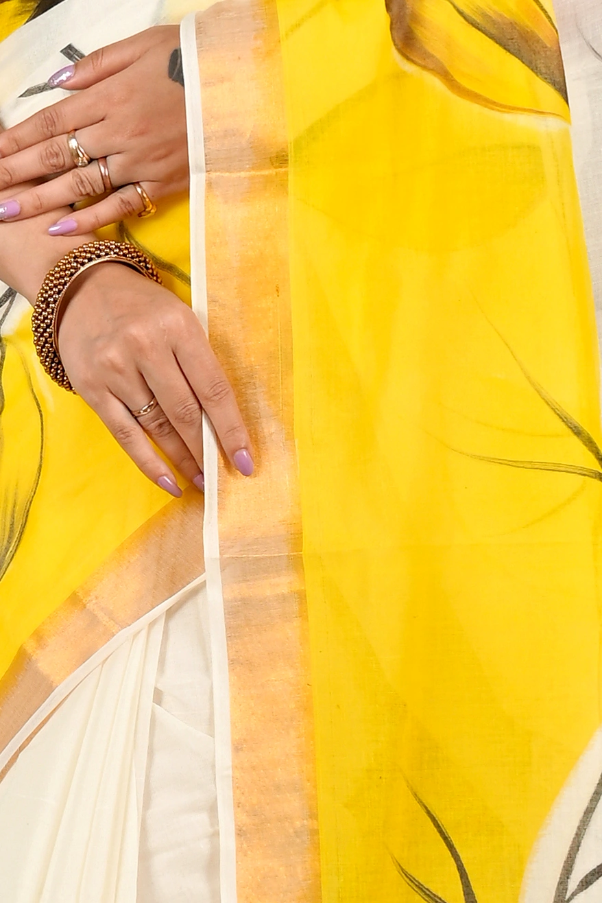 Yellow White Pure Cotton Hataka Hand Painted Saree (9072)