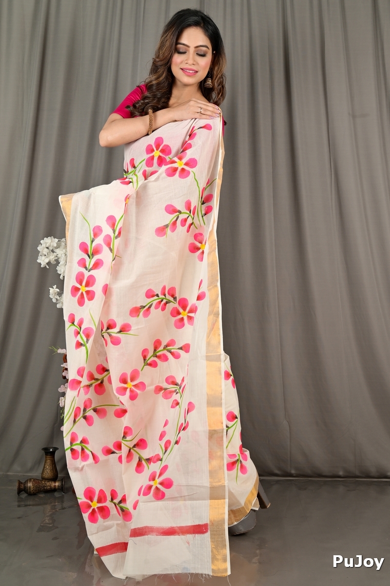 Multi-Coloured Pure Cotton Hataka Hand Painted Saree (9073)
