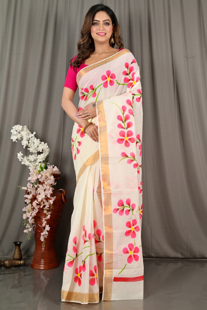 Multi-Coloured Pure Cotton Hataka Hand Painted Saree (9073)