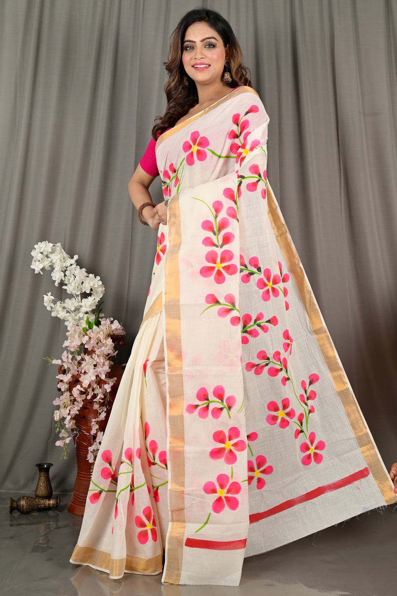 Multi-Coloured Pure Cotton Hataka Hand Painted Saree (9073)