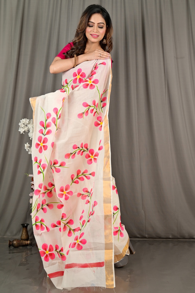 Multi-Coloured Pure Cotton Hataka Hand Painted Saree (9073)