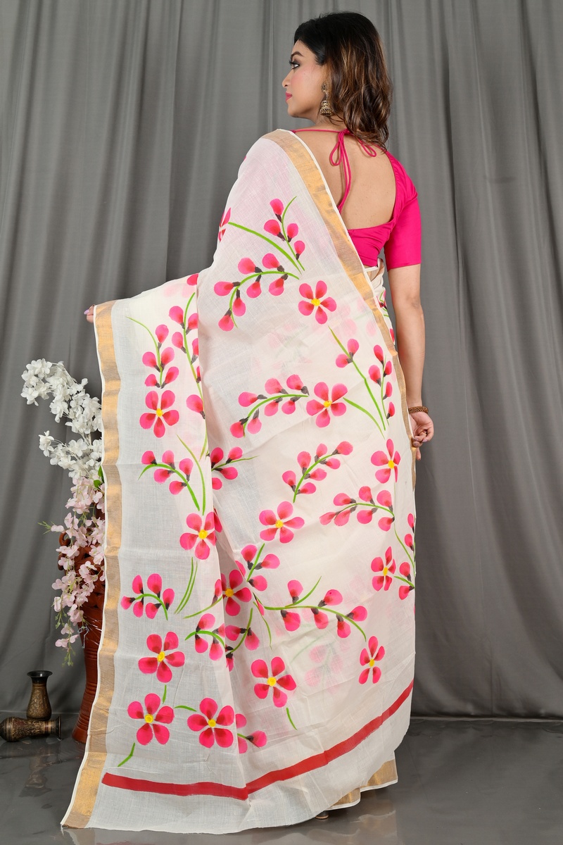 Multi-Coloured Pure Cotton Hataka Hand Painted Saree (9073)