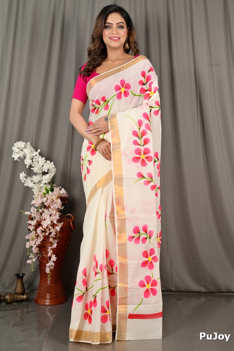 Multi-Coloured Pure Cotton Hataka Hand Painted Saree (9073)