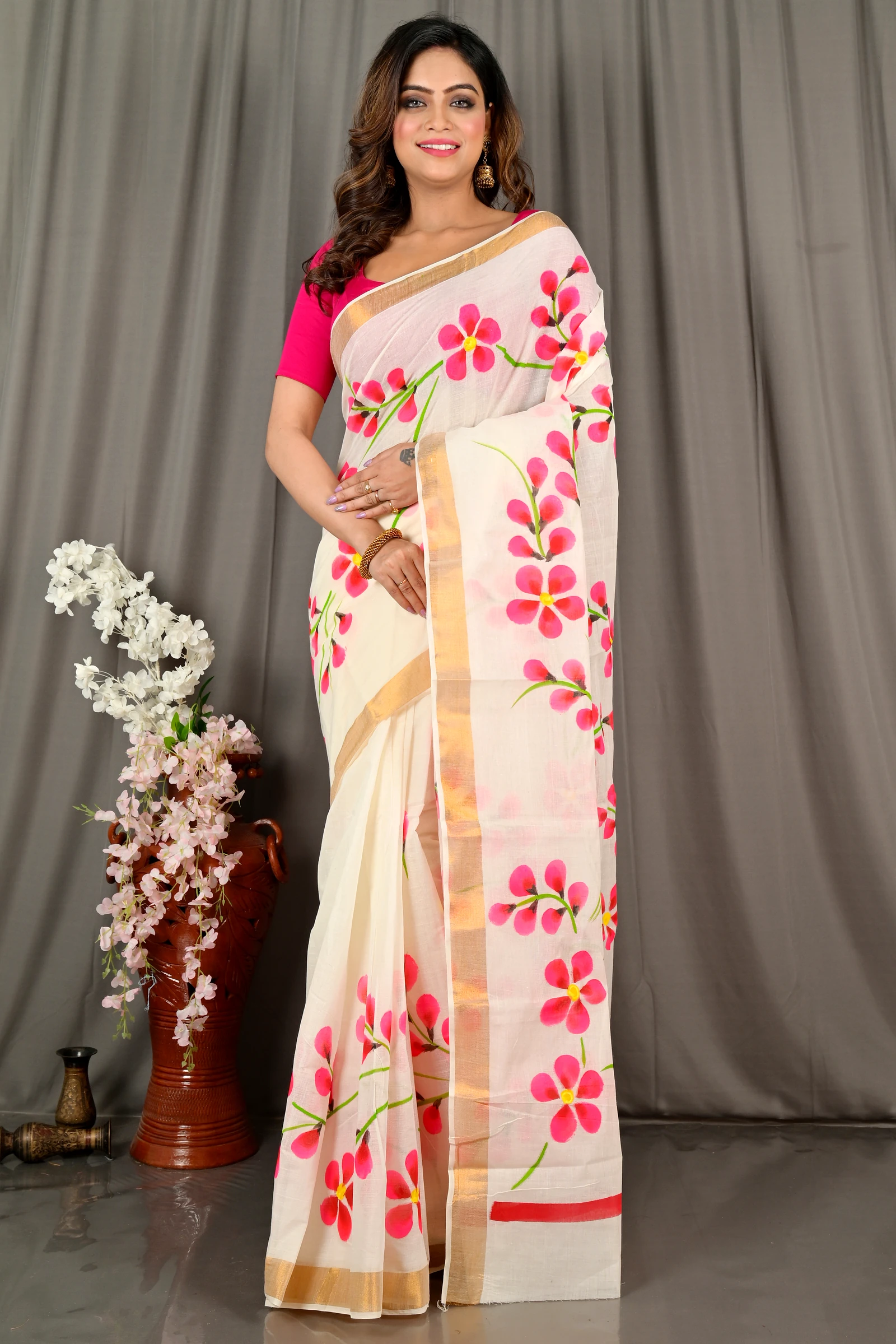 Multi-Coloured Pure Cotton Hataka Hand Painted Saree (9073)