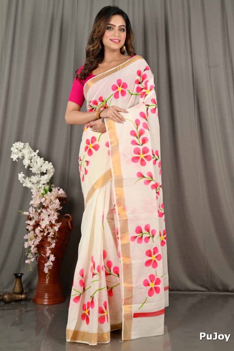 Multi-Coloured Pure Cotton Hataka Hand Painted Saree (9073)