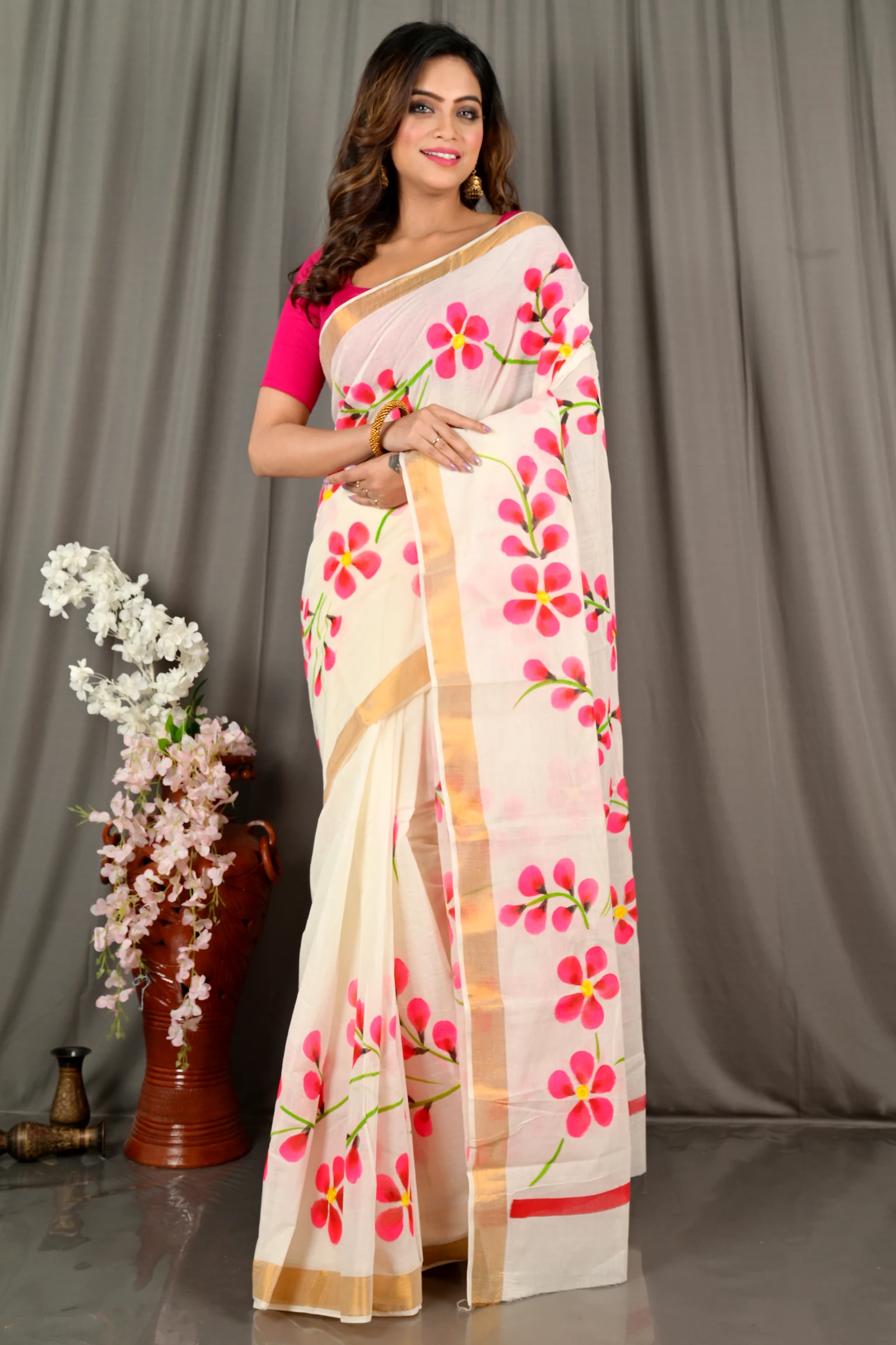Multi-Coloured Pure Cotton Hataka Hand Painted Saree (9073)