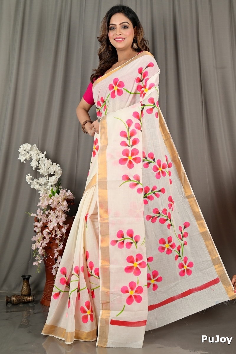 Multi-Coloured Pure Cotton Hataka Hand Painted Saree (9073)